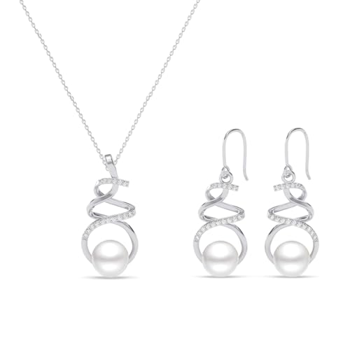 Clara 925 Sterling Silver Morsal Real Pearl Pendant Earrings Chain Necklace Jewellery Set | Platinum Plated, Swiss Zirconia |Gift for Women and Girls - Image 1