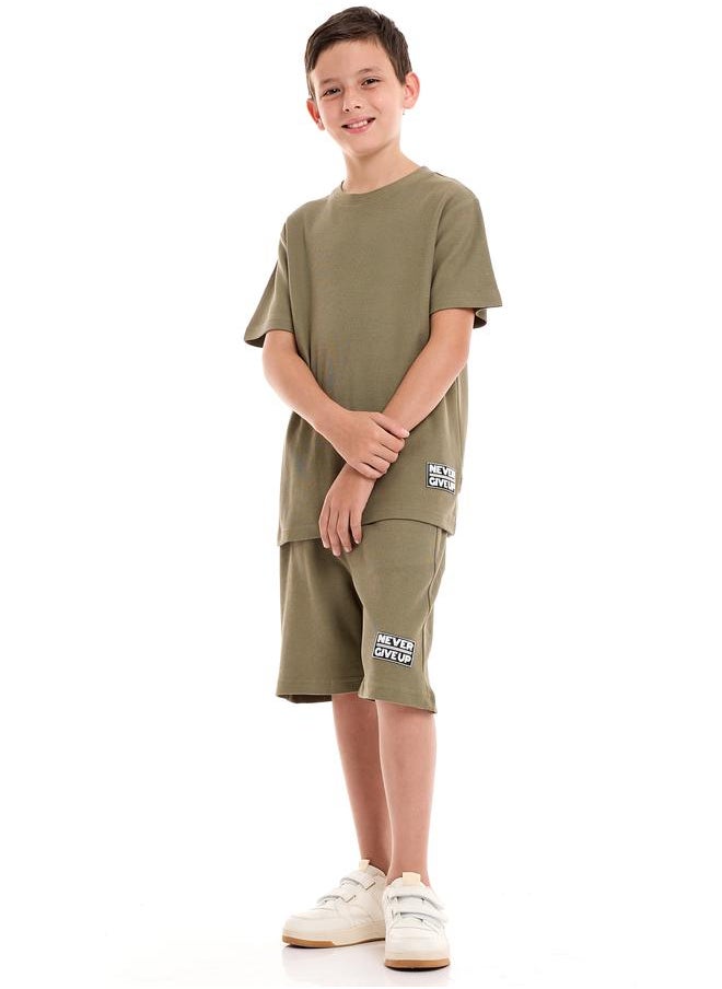 victor and jane - Textured Knit Patch Detail Longline T-Shirt & Shorts Set by Styli - Image 1