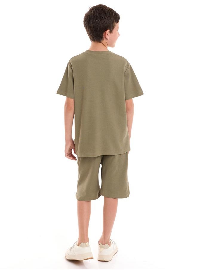 victor and jane - Textured Knit Patch Detail Longline T-Shirt & Shorts Set by Styli - Image 1
