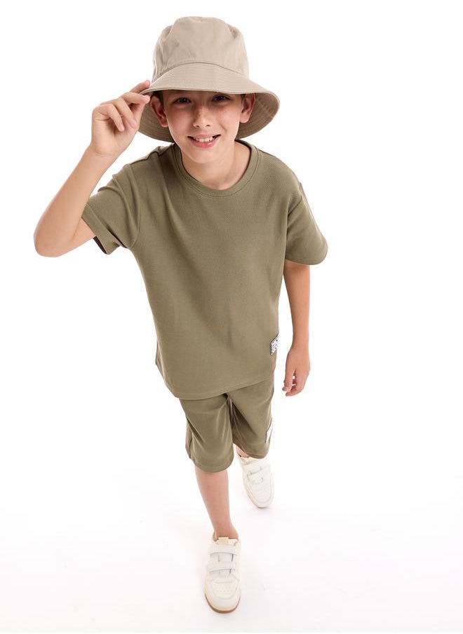 victor and jane - Textured Knit Patch Detail Longline T-Shirt & Shorts Set by Styli - Image 1