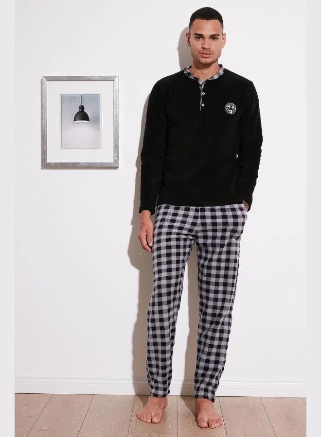 Buratti Plaid Regular Fit Buttoned Crew Neck Winter Polar Fleece Pajama Set Men's PAJAMAS SET 60961002