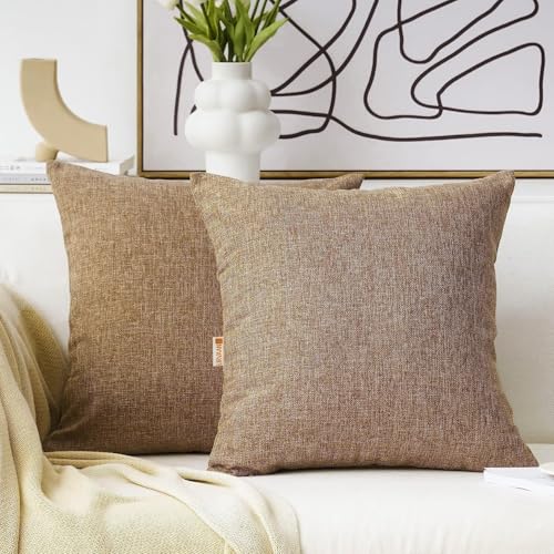 Urvaan Texture Solid Plain Jute Cushion Cover Set of 2, 16x16 Inch, Beige Brown - Image 1