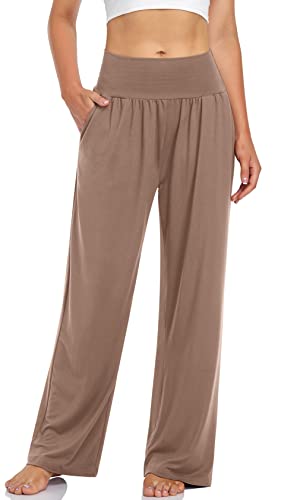 UEU Women's Plus Size Elastic High Waist Yoga Pants 2XL Casual Loose Fit Comfy Lounge Wide Leg Sports Athletic Pants with Pockets(LightCoffee,XXL) - Image 1