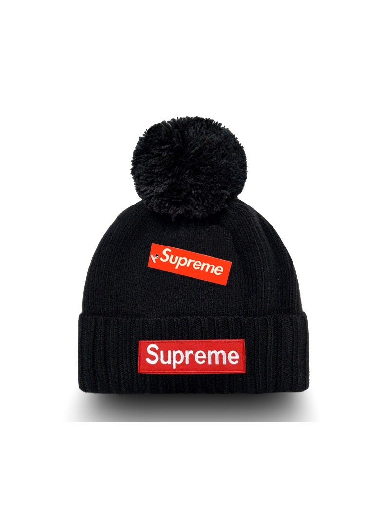 Supreme Black Pom-Pom Knit Beanie with Red Box Logo Patch & Hang Tag