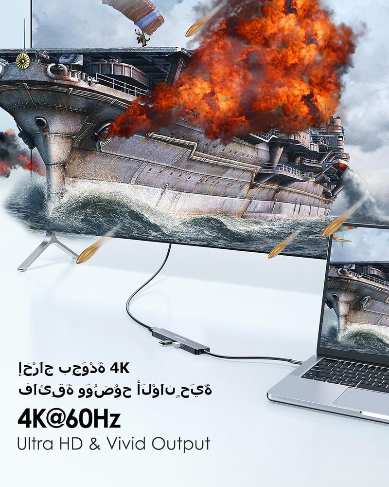 لينشن لنتشن محور USB-C 8 في 1 مع HDMI بدقة 4K@60Hz، توصيل طاقة 100 واط، 3 منافذ USB 3.0 وقارئ بطاقات microSD و SD لأجهزة MacBook Pro 2025-2016، Mac Air/Surface الجديد، والمزيد (CB-CE18s، رمادي فضائي) - Image 3