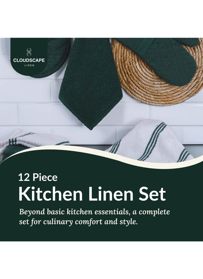 Cloud Scape Linen 12-Piece Kitchen Essentials Set – Includes Absorbent Dishcloths & Kitchen Towels, Non-Slip Silicone Grip, Olive Green  - Image 2