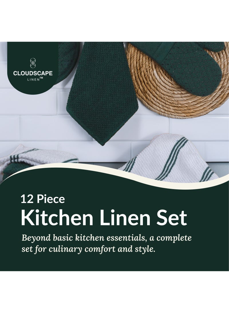 Cloud Scape Linen 12-Piece Kitchen Essentials Set – Includes Absorbent Dishcloths & Kitchen Towels, Non-Slip Silicone Grip, Olive Green - Image 2