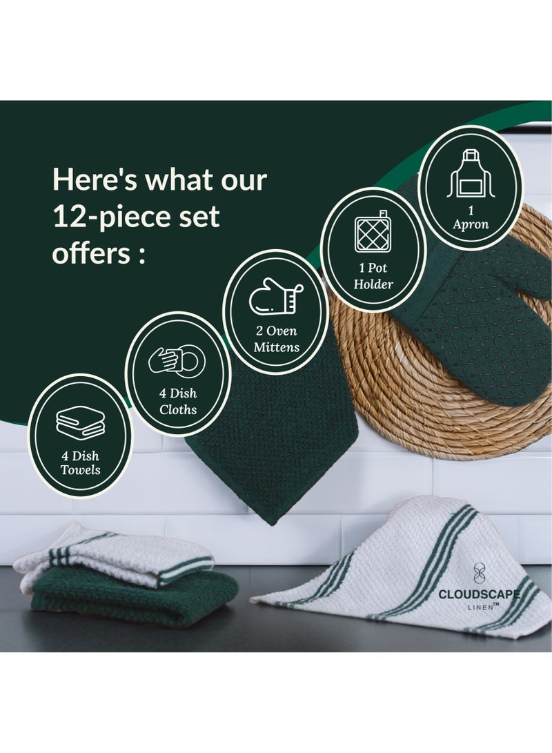 Cloud Scape Linen 12-Piece Kitchen Essentials Set – Includes Absorbent Dishcloths & Kitchen Towels, Non-Slip Silicone Grip, Olive Green - Image 4