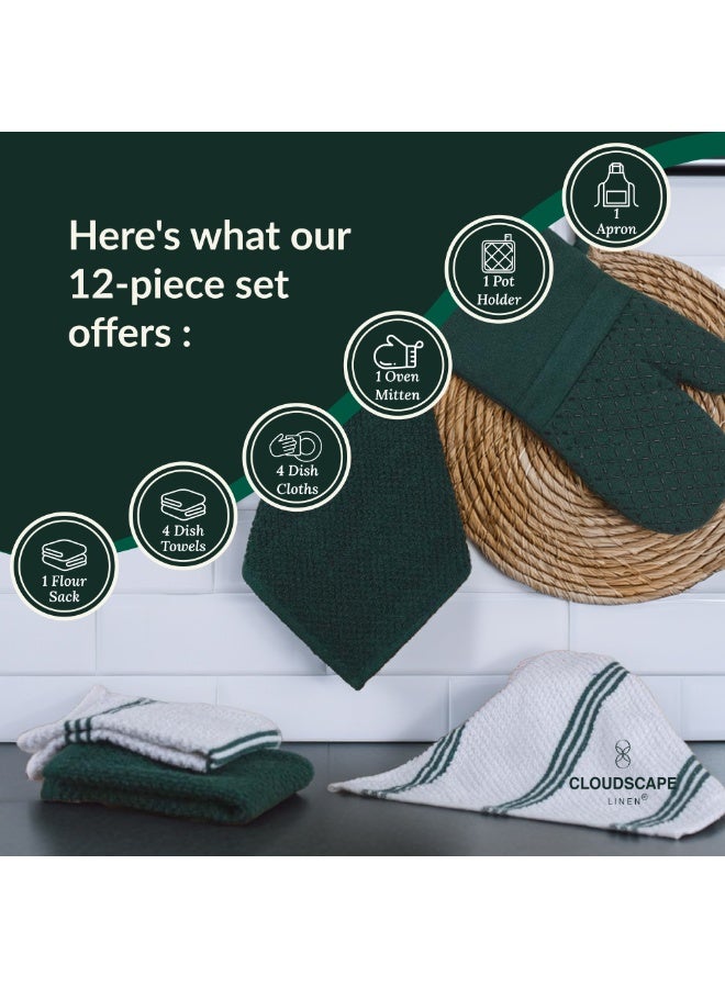 كلاود سكيب لينين 12-Piece Kitchen Essentials Set – Includes Absorbent Dishcloths & Kitchen Towels, Non-Slip Silicone Grip, Olive - Image 4