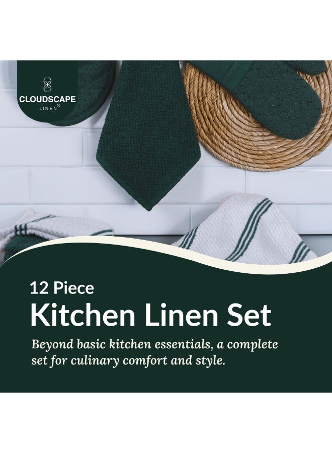 كلاود سكيب لينين 12-Piece Kitchen Essentials Set – Includes Absorbent Dishcloths & Kitchen Towels, Non-Slip Silicone Grip, Olive - Image 2