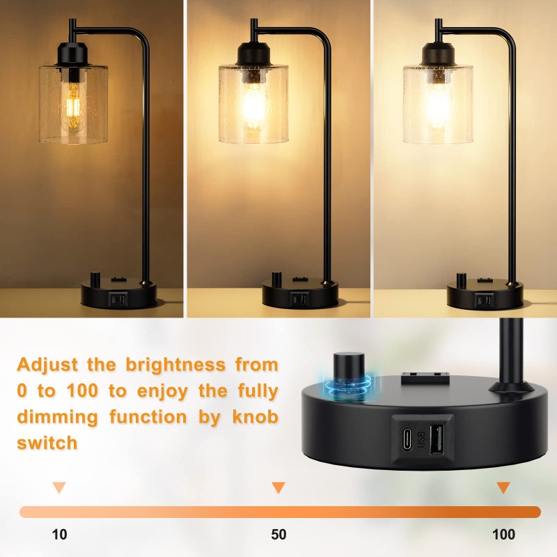 Innqoo Industrial Bedside Table Lamp for Bedroom - Nightstand Lamps with USB C Charging Port, Fully Dimmable Black Ports and Outlets, Small Desk Glass Shade Office Living Room - Image 2