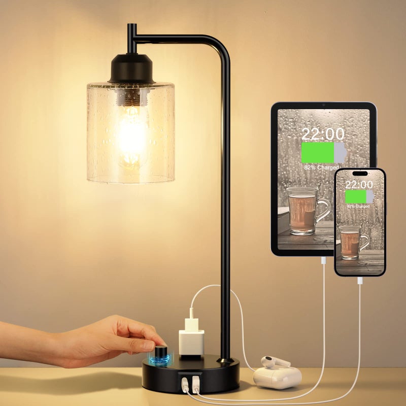 Innqoo Industrial Bedside Table Lamp for Bedroom - Nightstand Lamps with USB C Charging Port, Fully Dimmable Black Ports and Outlets, Small Desk Glass Shade Office Living Room - Image 1