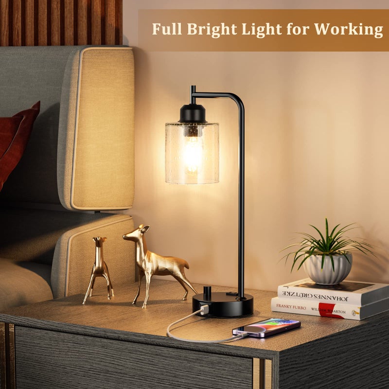 Innqoo Industrial Bedside Table Lamp for Bedroom - Nightstand Lamps with USB C Charging Port, Fully Dimmable Black Ports and Outlets, Small Desk Glass Shade Office Living Room - Image 5