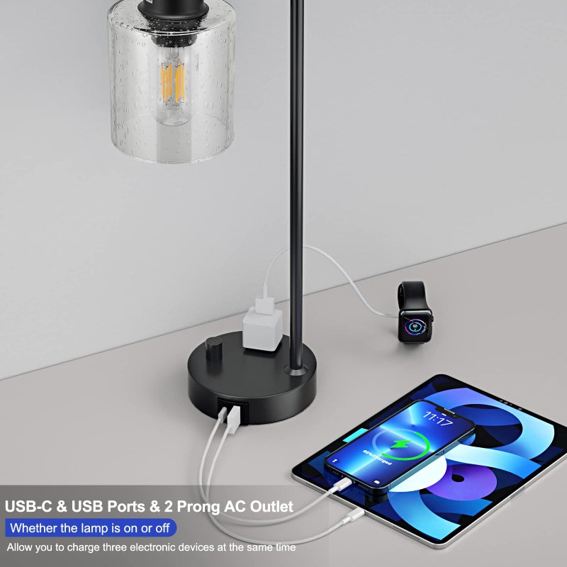 Innqoo Industrial Bedside Table Lamp for Bedroom - Nightstand Lamps with USB C Charging Port, Fully Dimmable Black Ports and Outlets, Small Desk Glass Shade Office Living Room - Image 3
