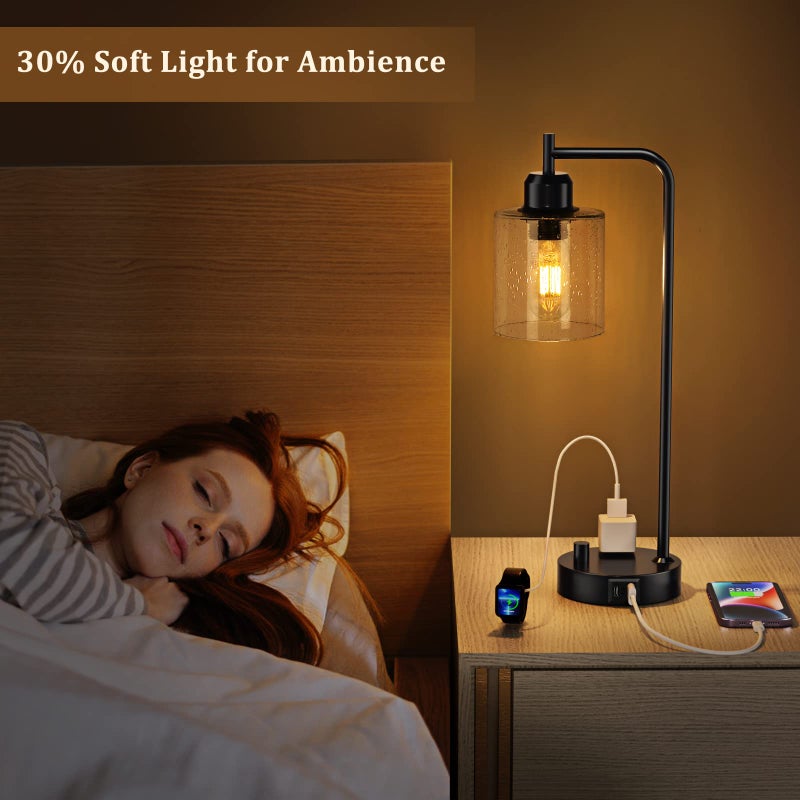 Innqoo Industrial Bedside Table Lamp for Bedroom - Nightstand Lamps with USB C Charging Port, Fully Dimmable Black Ports and Outlets, Small Desk Glass Shade Office Living Room - Image 4