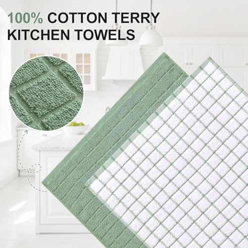 Homaxy Premium Cotton Kitchen Towels 16x 28 Large Natural Ring Spun 390 GSM Dish Towels Super Absorbent Terry Kitchen Hand Towels Soft Tea Towels with Hanging Loop Grass Green Check 6 Pack - Image 3