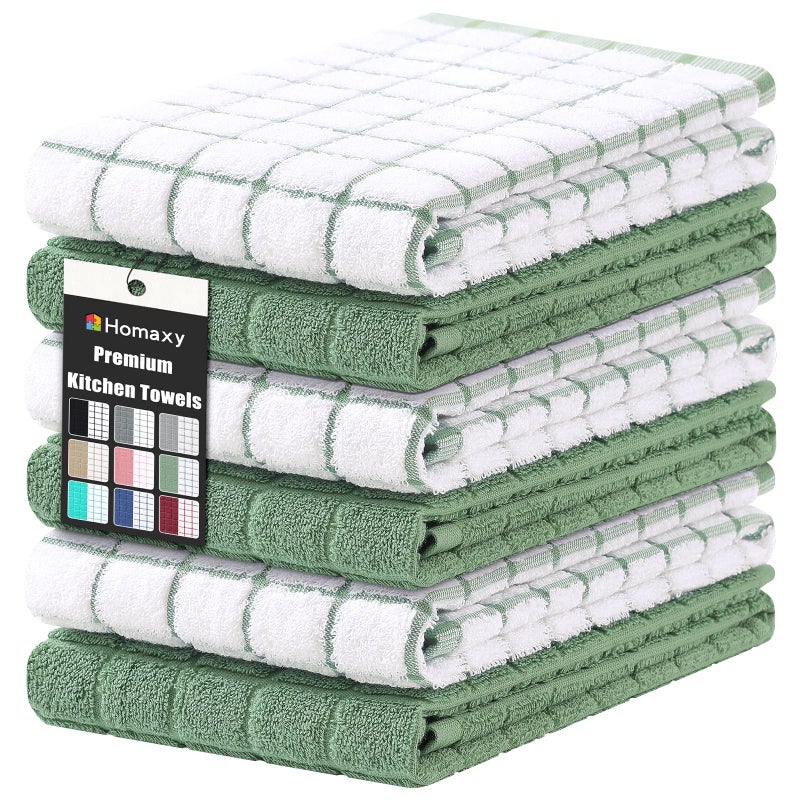 Homaxy Premium Cotton Kitchen Towels 16x 28 Large Natural Ring Spun 390 GSM Dish Towels Super Absorbent Terry Kitchen Hand Towels Soft Tea Towels with Hanging Loop Grass Green Check 6 Pack - Image 2