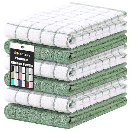 Homaxy Premium Cotton Kitchen Towels 16x 28 Large Natural Ring Spun 390 GSM Dish Towels Super Absorbent Terry Kitchen Hand Towels Soft Tea Towels with Hanging Loop Grass Green Check 6 Pack - Image 1