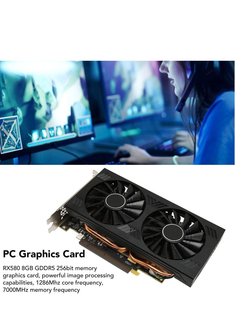 Gaming Graphics Card for Radeon RX 580, 8GB GDDR5 Graphics Card, 1286Mhz 4096x2160 Resolution, 8Pin Power Interface, Dual Fans, RX 580 PC Graphics Card for Work