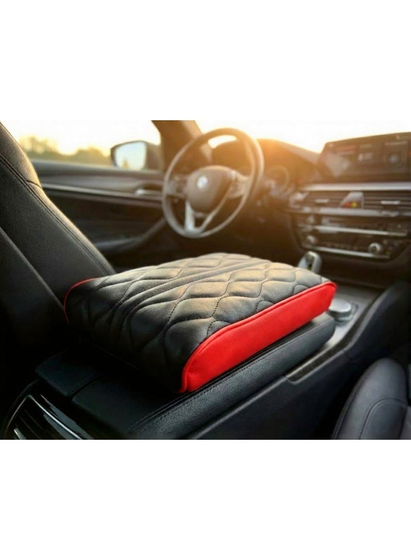 Car center console armrest cushion made of leather and memory foam for Passat models - RED/Black color - Image 1