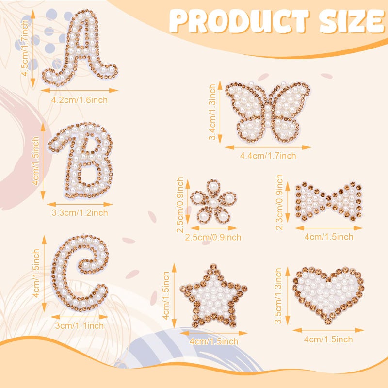 BINBE 62Pcs Self Adhesive Pearl Letter Patches (A-Z) Star Butterfly Heart Bowknot Flower Glitter Pearl Letter Patches Rhinestone Applique for DIY Clothes, Bags, Shoes Golden - Image 2