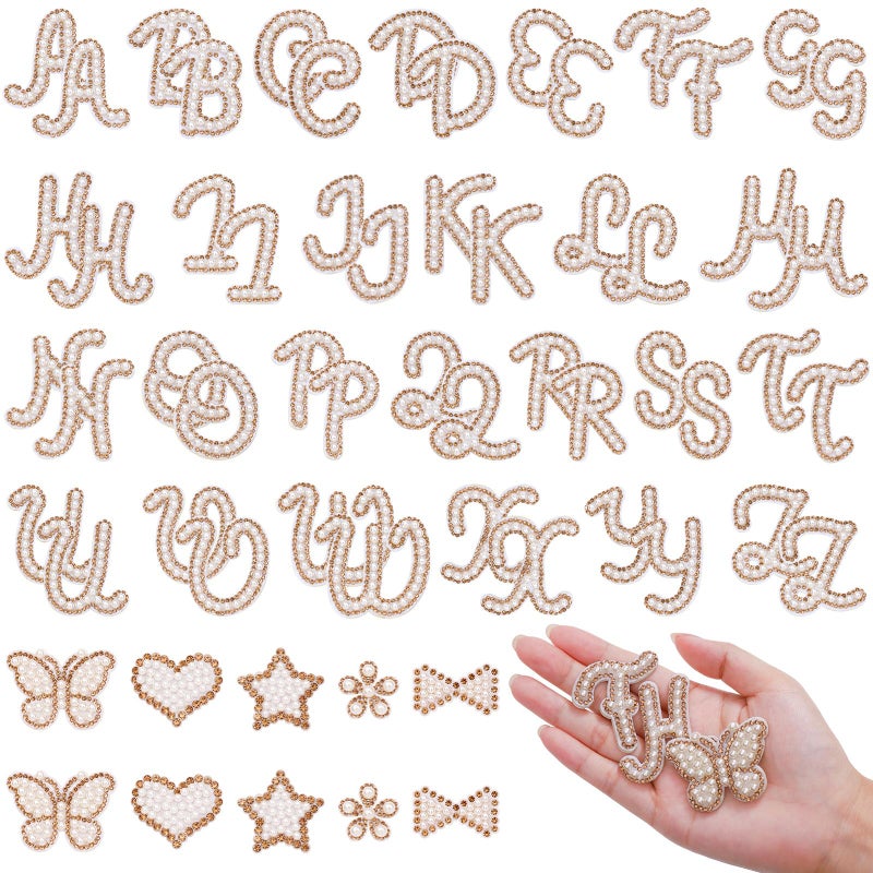 BINBE 62Pcs Self Adhesive Pearl Letter Patches (A-Z) Star Butterfly Heart Bowknot Flower Glitter Pearl Letter Patches Rhinestone Applique for DIY Clothes, Bags, Shoes Golden - Image 1