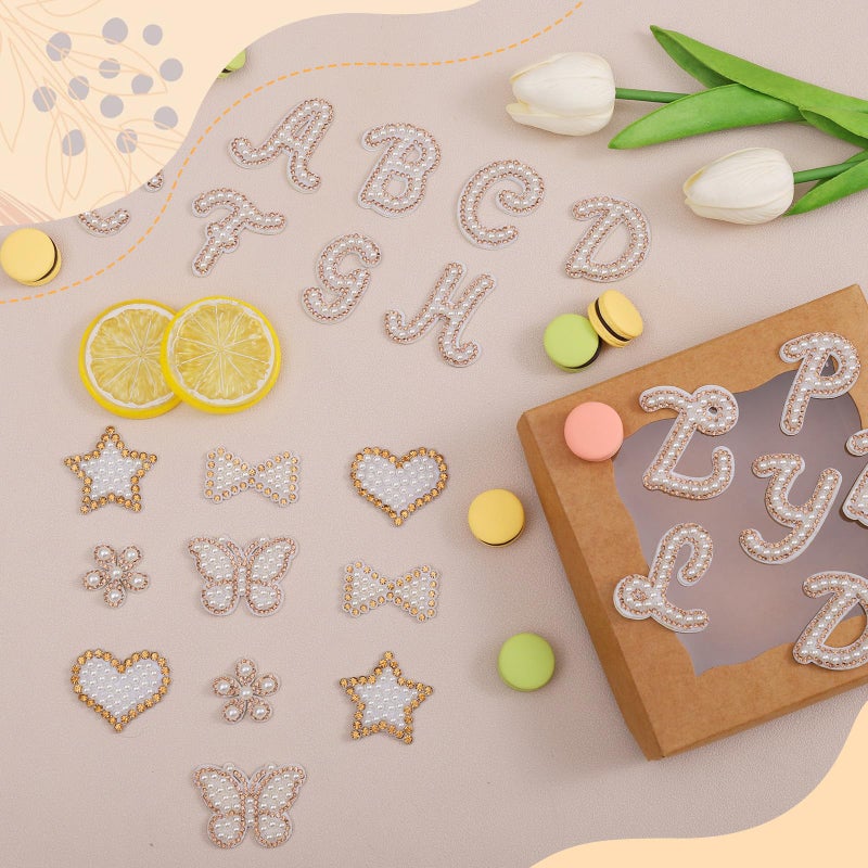 BINBE 62Pcs Self Adhesive Pearl Letter Patches (A-Z) Star Butterfly Heart Bowknot Flower Glitter Pearl Letter Patches Rhinestone Applique for DIY Clothes, Bags, Shoes Golden - Image 4