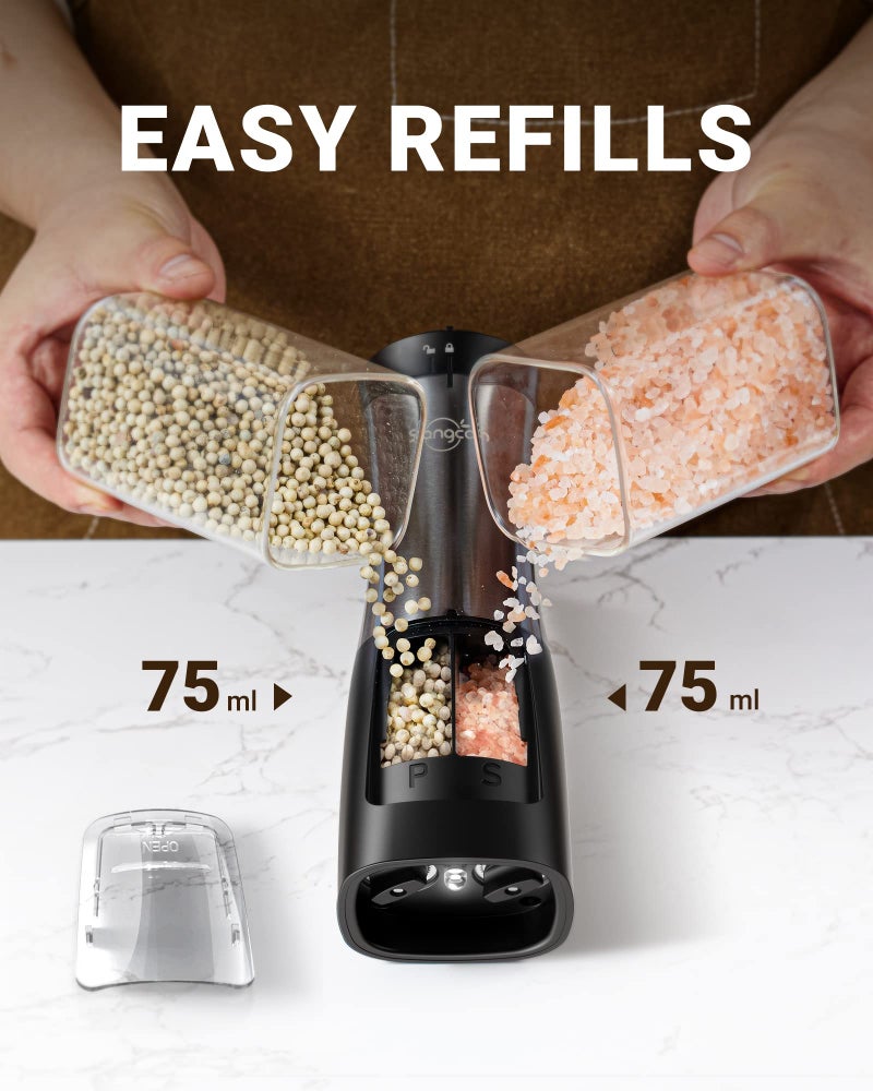 Sangcon Electric Salt and Pepper Grinder Set Shaker 2 IN 1 - Automatic Salt and Pepper Grinder Mill, Battery Powered One-Handed Operation Refillable with Light Dual Ceramic Mill - Image 4