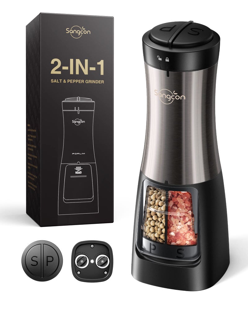 Sangcon Electric Salt and Pepper Grinder Set Shaker 2 IN 1 - Automatic Salt and Pepper Grinder Mill, Battery Powered One-Handed Operation Refillable with Light Dual Ceramic Mill - Image 1