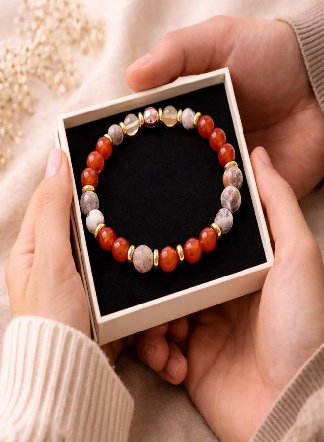 Sukhad Red Stone Beaded Bracelet for Women & Men | Natural Crystal Stretch Bracelet with Gold Spacers | Handmade Fashion Jewelry Gift for Couples - Image 3