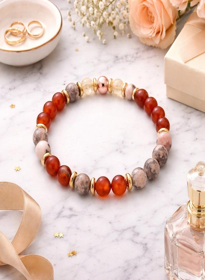 Sukhad Red Stone Beaded Bracelet for Women & Men | Natural Crystal Stretch Bracelet with Gold Spacers | Handmade Fashion Jewelry Gift for Couples - Image 2