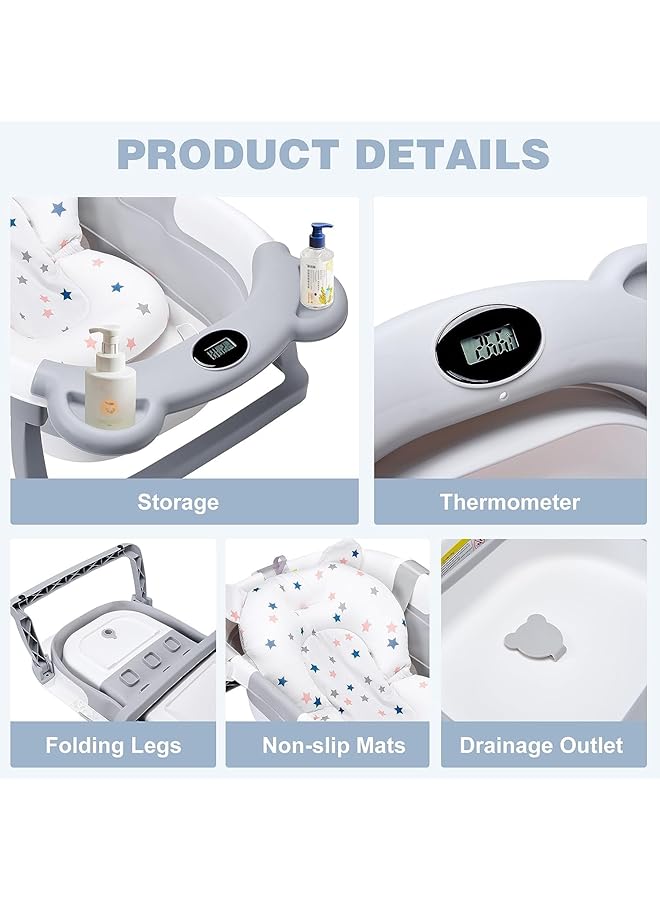 YelaJoy Collapsible Baby Bathtub For Newborn With Thermometer & 1 Soft Floating Cushion & 1 Bath Net Portable Travel Bathtub With Drain Hole Durable Foldable Baby Tubs For Infants To Toddler - Image 2