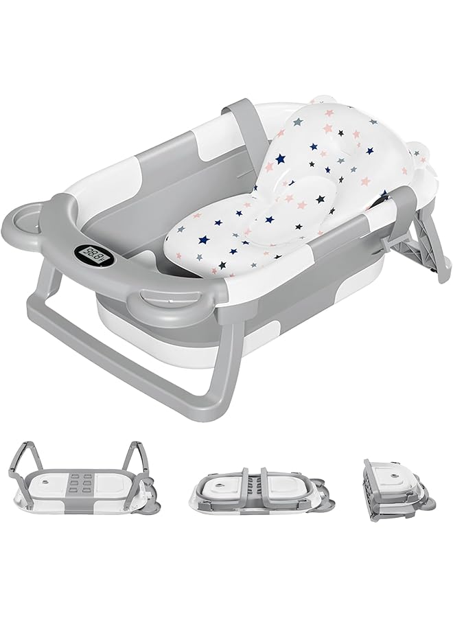 YelaJoy Collapsible Baby Bathtub For Newborn With Thermometer & 1 Soft Floating Cushion & 1 Bath Net Portable Travel Bathtub With Drain Hole Durable Foldable Baby Tubs For Infants To Toddler - Image 1