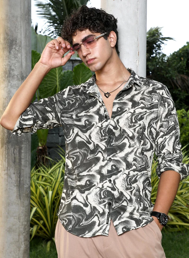 Campus Sutra Campus Sutra Men Fluid-Marble Textured Shirt | Spread Collar & Full Sleeve | Textured Polyester Blend | Regular Fit Casual & Club Wear | Charcoal Black