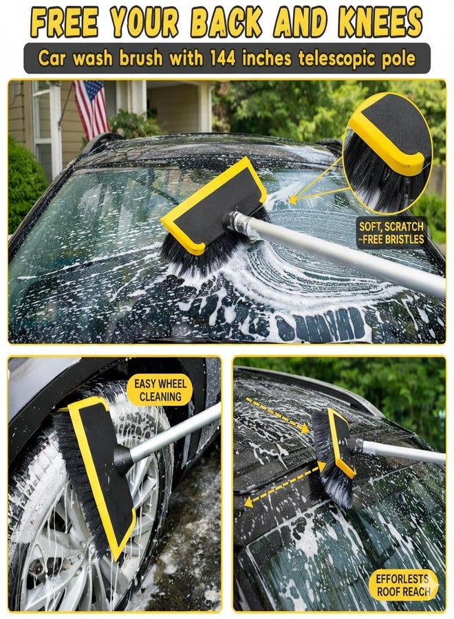 Opow 144'' Car Wash Brush Squeegee Kits with Collapsible Bucket, Telescopic Pole Foldable Water Container Waterproof Mitt Mop Sponge Super Absorbent Towel Medium Bristles Washing Cleaner for Car RV Truck - Image 2