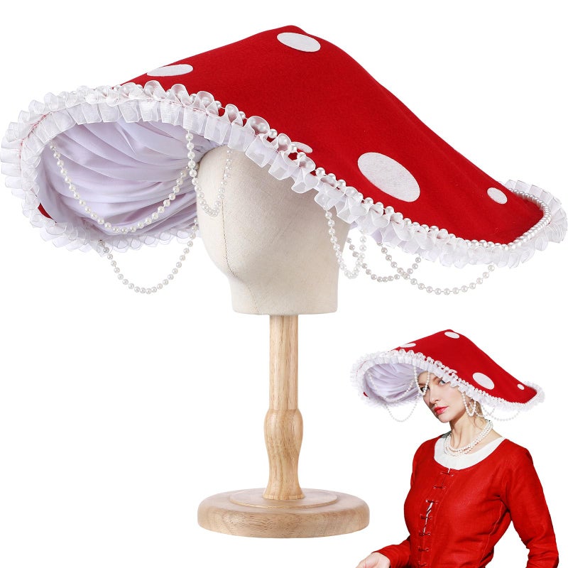 Croloose Mushroom Hat Renaissance Medieval Costume Cosplay Victorian Fairy Accessories with Bead Lace Brim CapRed