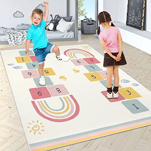 Topotdor Rainbow Sky Hopscotch Game Rugs,Kids Play Area Rugs Soft Floor Carpet for Bedroom Playroom Nursery,Great Gift for Girls & Boys,47" x 71" - Image 2