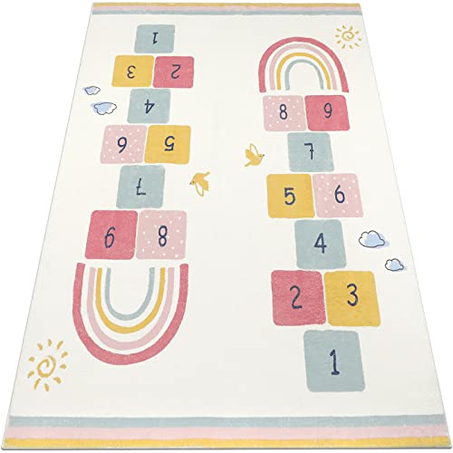 Topotdor Rainbow Sky Hopscotch Game Rugs,Kids Play Area Rugs Soft Floor Carpet for Bedroom Playroom Nursery,Great Gift for Girls & Boys,47" x 71" - Image 1