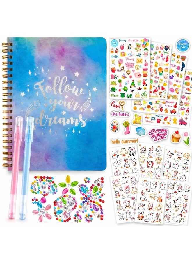 Mordely DIY Journal Kit for Girls, Scrapbook Notebook Set with 2 Gel Pens, Cute Sticker Sheets, Cartoon Decals and Gem Embellishments, Creative Diary Craft Gift for Kids and Teens - Image 1