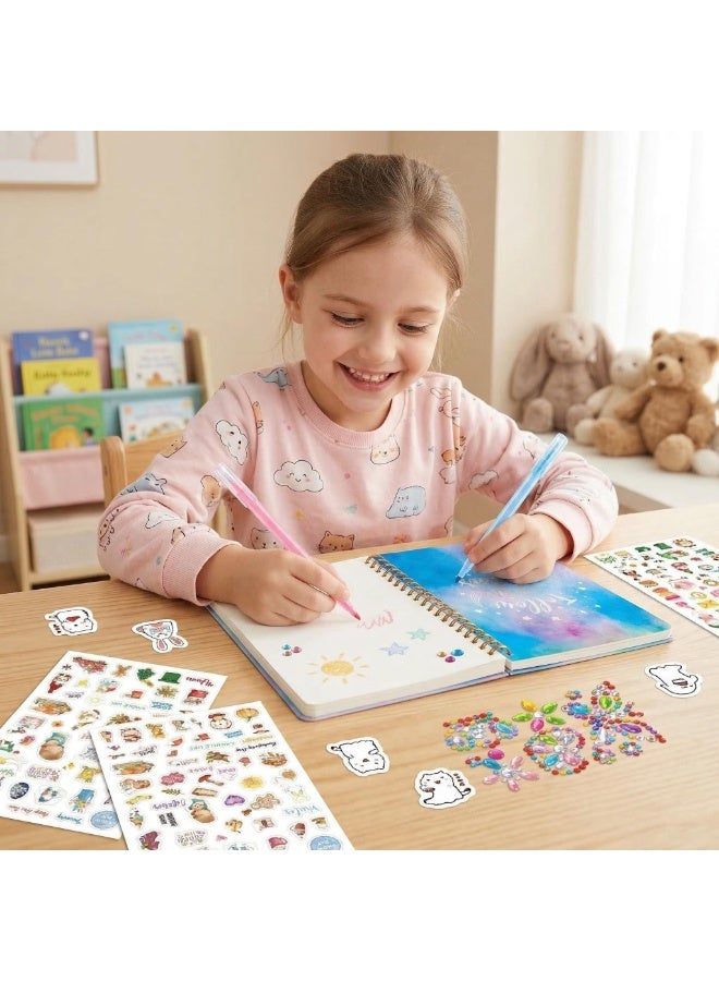 Mordely DIY Journal Kit for Girls, Scrapbook Notebook Set with 2 Gel Pens, Cute Sticker Sheets, Cartoon Decals and Gem Embellishments, Creative Diary Craft Gift for Kids and Teens - Image 4