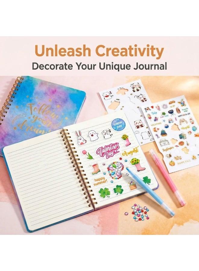 Mordely DIY Journal Kit for Girls, Scrapbook Notebook Set with 2 Gel Pens, Cute Sticker Sheets, Cartoon Decals and Gem Embellishments, Creative Diary Craft Gift for Kids and Teens - Image 5