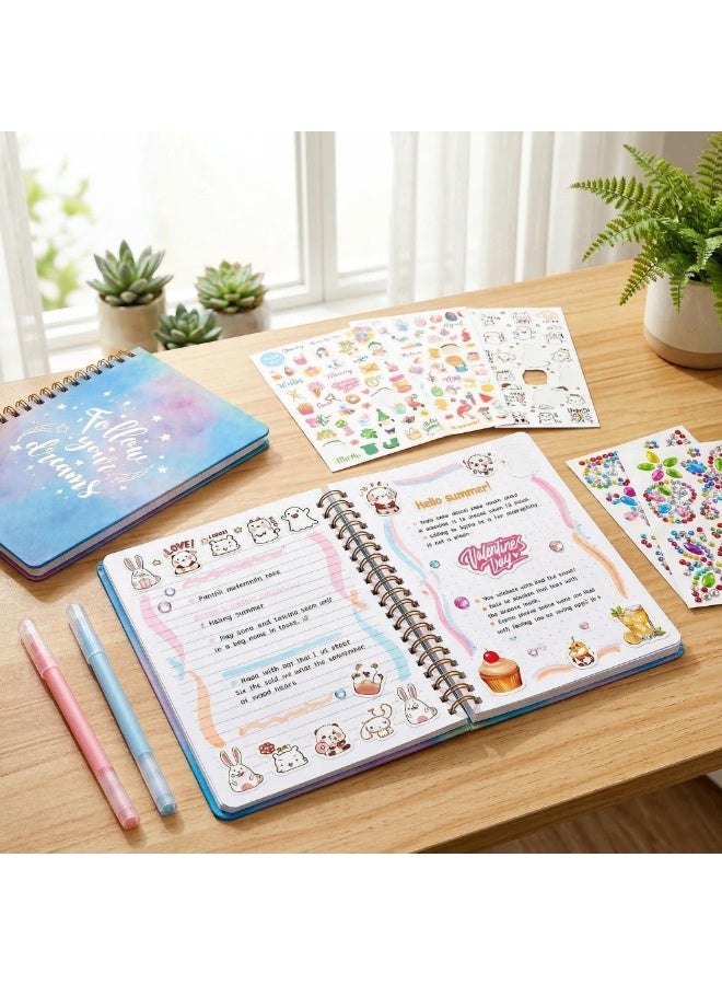Mordely DIY Journal Kit for Girls, Scrapbook Notebook Set with 2 Gel Pens, Cute Sticker Sheets, Cartoon Decals and Gem Embellishments, Creative Diary Craft Gift for Kids and Teens - Image 2
