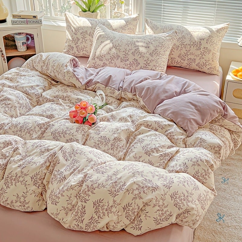3pcs Soft and Comfortable Minimalist Style Small Floral Print Duvet Cover Set, Includes 1 Duvet Cover + 2 Pillowcases. Suitable for Bedrooms, Dorms, Guest Rooms. Washed Print Process. Machine Washable - Image 5