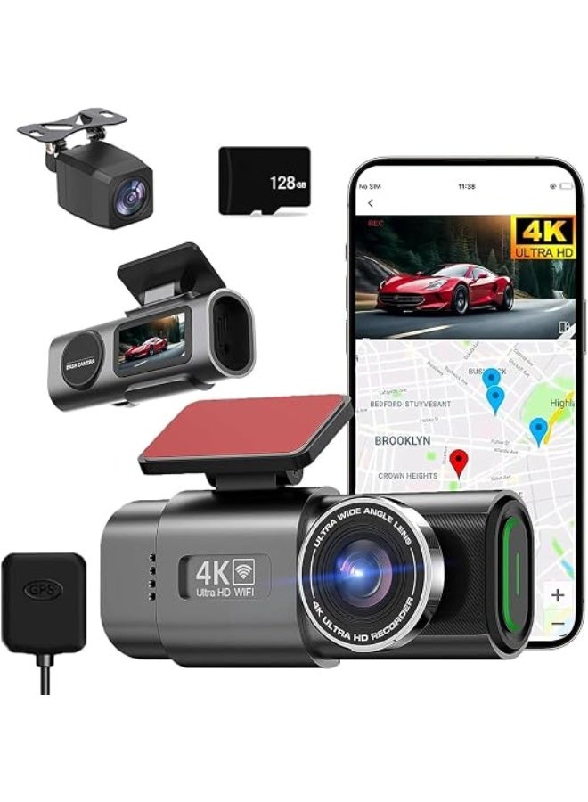 كاميرا سيارة داش كام مزدوجة بدقة 4K أمامية و1080P خلفية مع GPS وWiFi وشاشة 1.47 بوصة ورؤية ليلية ومراقبة الركن - Image 1