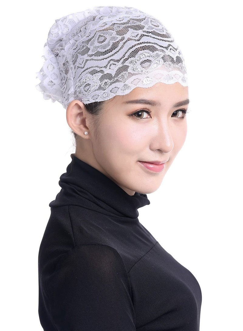 Loquat Women's Shiny Lace Hijab Inner Cap White  - Image 1
