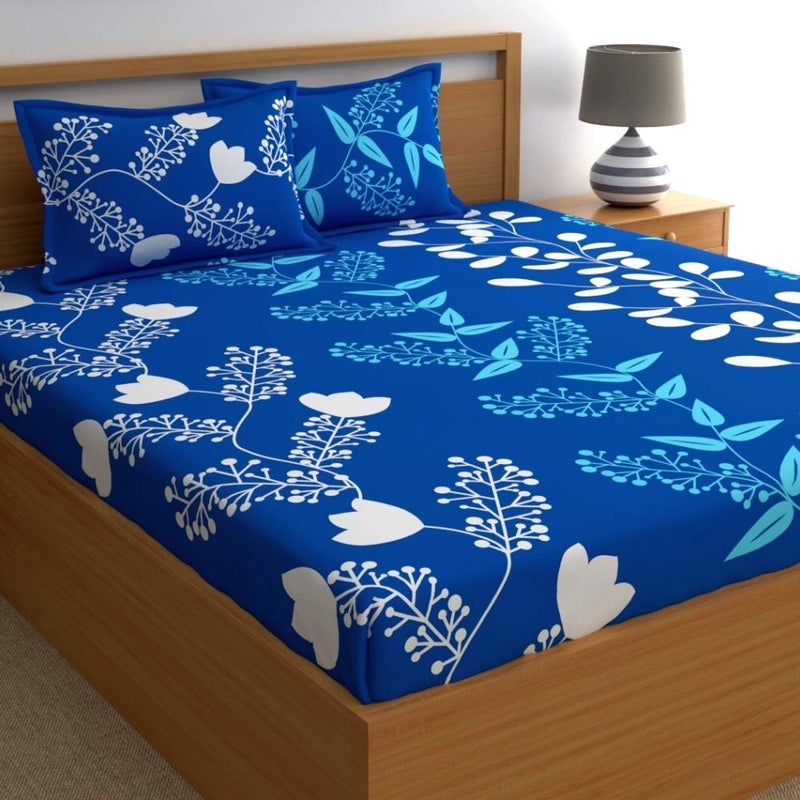 Home Ecstasy 100 Cotton King Bedsheet with 2 Pillow Covers 140TC Cotton Floral Blue Bedsheet for King Bed 9ft X 9ft