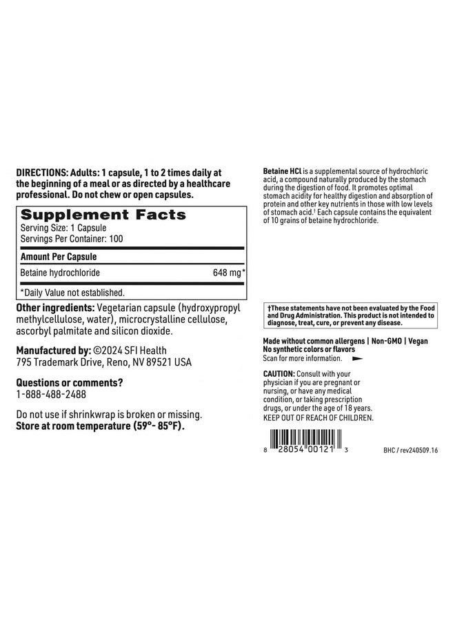 Klaire Labs Klaire Labs Betaine HCl 648mg - Hypoallergenic Betaine Supplement to Support Digestion & Nutrient Absorption - Gluten-Free, Corn-Free (100 Capsules) - Image 4