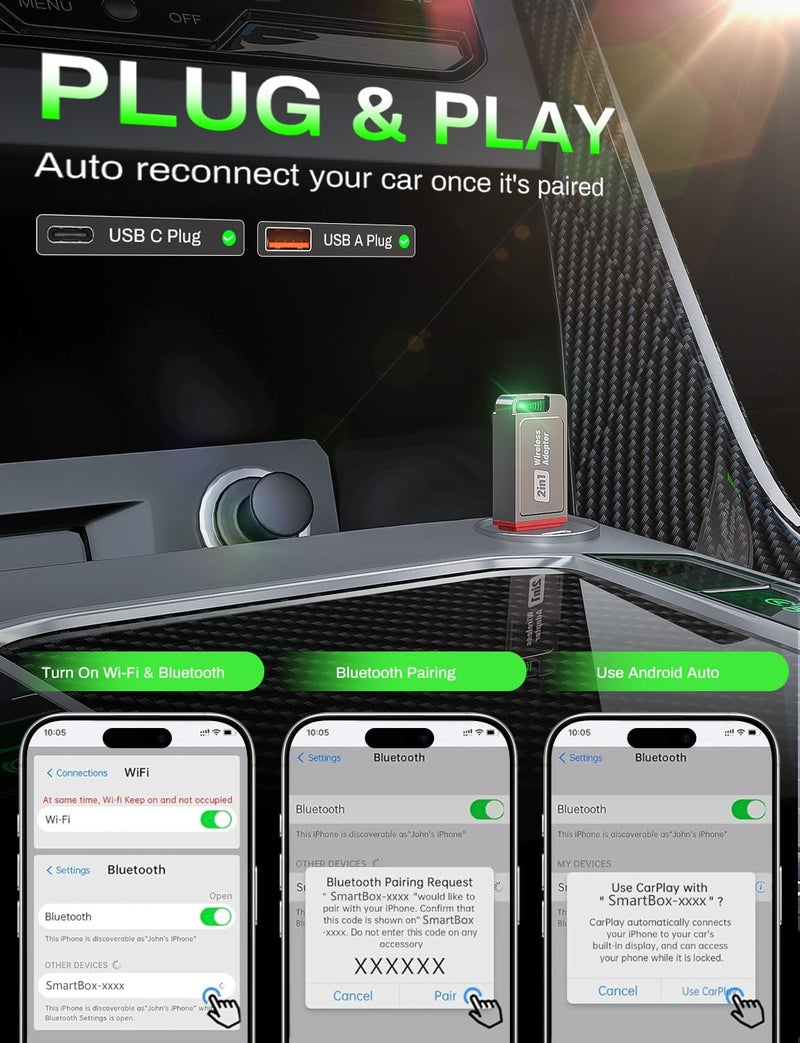 Kolvt 2-in-1 Wireless CarPlay Adapter Support Apple CarPlay & Android Auto, Mini Bluetooth USB A & USB C Dongle Convert Wired to Wireless Compatible with iPhone & Android - Image 3