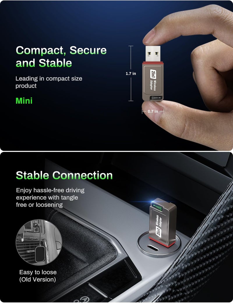 Kolvt 2-in-1 Wireless CarPlay Adapter Support Apple CarPlay & Android Auto, Mini Bluetooth USB A & USB C Dongle Convert Wired to Wireless Compatible with iPhone & Android - Image 2