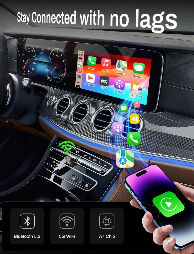 Kolvt 2-in-1 Wireless CarPlay Adapter Support Apple CarPlay & Android Auto, Mini Bluetooth USB A & USB C Dongle Convert Wired to Wireless Compatible with iPhone & Android - Image 5